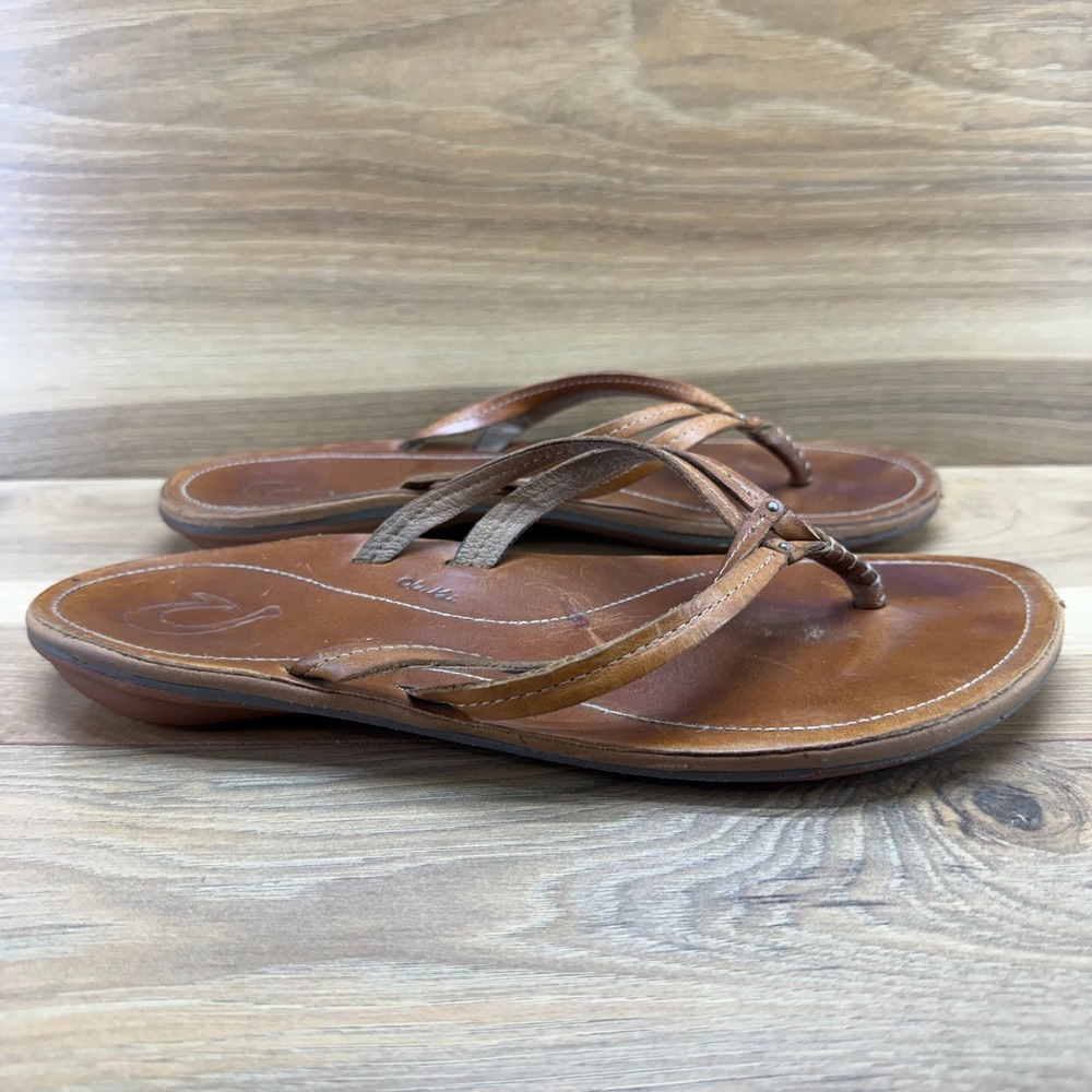 Olukai Kapehe Luana Flip Flops Womens 11 Cognac Leather Thong Sandals - Picture 5 of 10